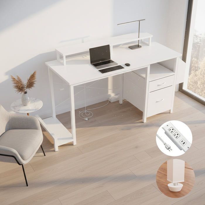 47.3'office desk with power outlet,2 Monitor Stands,2 drawers,Side Pocket,Easy to Assemble,Frame stability Reversible,use for home desk, computer desk, game table,White