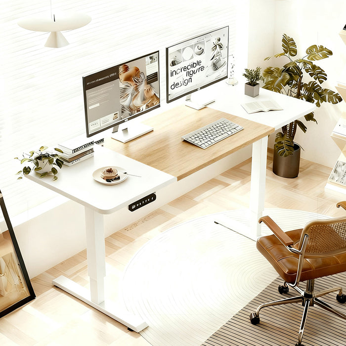 55'×24' White&Oak Electric Standing Desk Height Adjustable Desk for Home and Office Computer Table Gaming Desk Modern Lift-up Desk