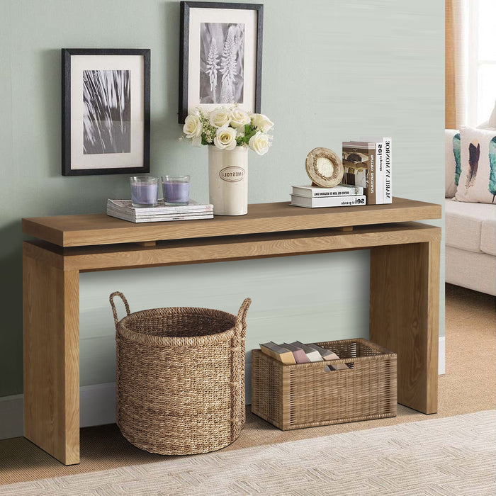 60'' Antique Brown Farmhouse Console Table - Retro Wooden Entryway Table with Double Board Suspension Design, Solid Wood & MDF, Sofa Table for Living Room