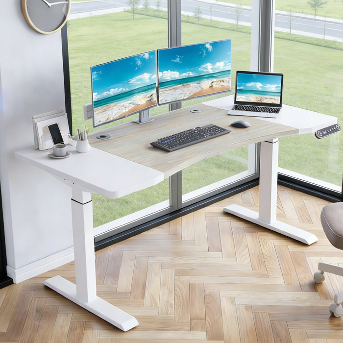 63'×30' Dual Motor Curve Design Height Adjustable Electric Standing Desk Height Stand Up Computer Desk,Sit and Stand Home Office Desk with Splice Board (white&oak desktop+dual motor white frame)