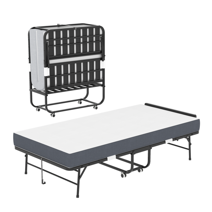 75' * 38' Folding Bed with Adjustable Headboard, 5' Memory Foam Rollaway Bed for Tall People, Heavy-Duty Portable Guest Bed on Wheels, Easy Assembly Twin Size Cot
