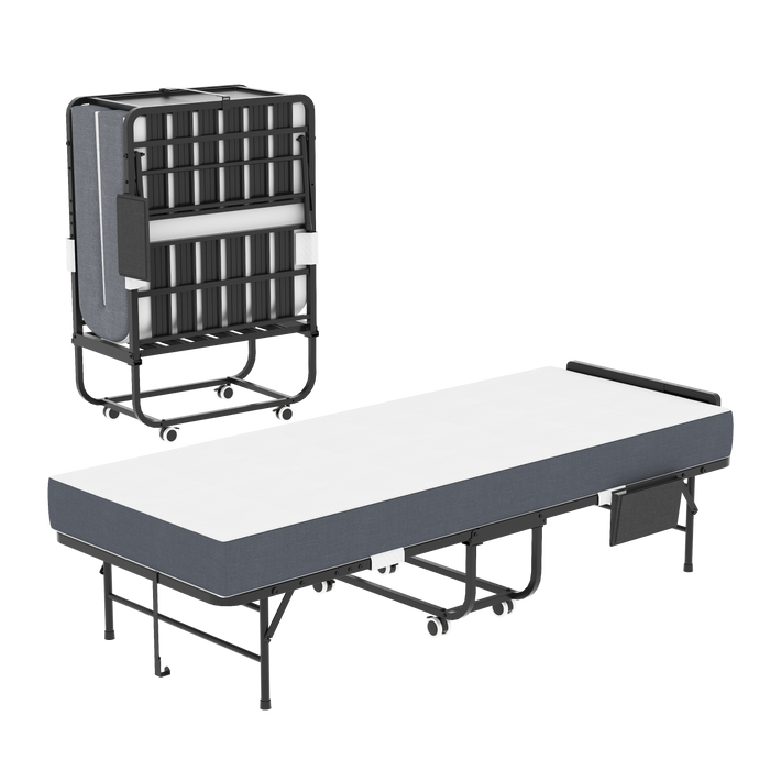 75' Folding Bed with Adjustable Headboard & 5' Memory Foam, Space Saving Rollaway Guest Bed for Tall People, Portable Twin Cot on Wheels, Easy Assembly