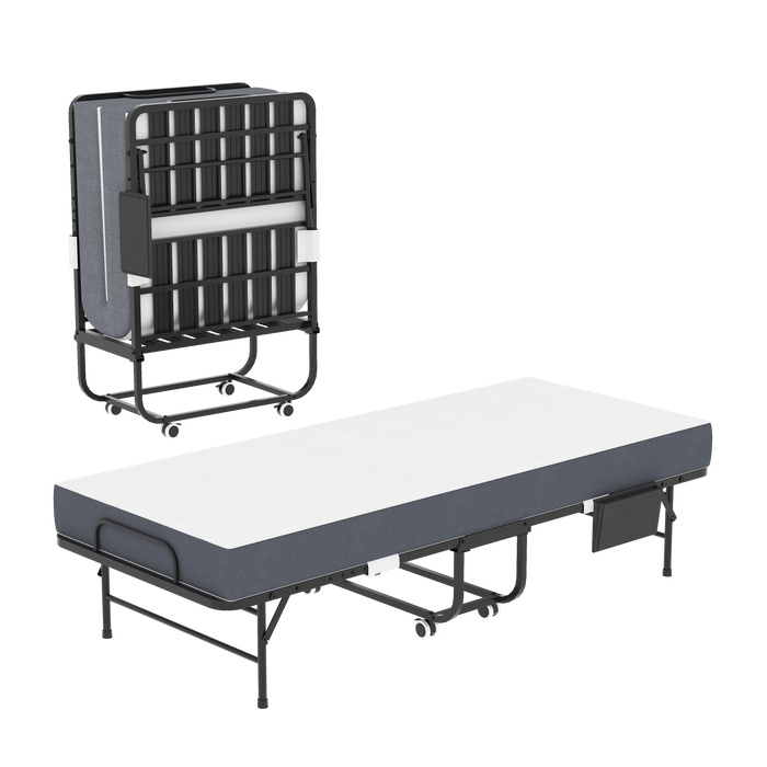 75 Inch Folding Bed with 5' Memory Foam Mattress, Space Saving Rollaway Guest Bed, Heavy-Duty Metal Frame on Wheels, Portable Twin Bed for Adults & Guests