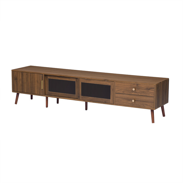 76' Modern Minimal Glass-Doors TV Stand for TVs up to 85 Inches, Wood-Grain Entertainment Center with Storage Cabinets, TV Media Console Table for Living Room, Bedroom