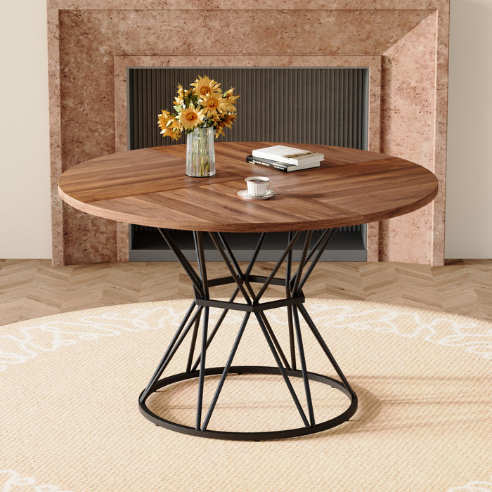 A circular dining table with a diameter of 47.3 inches, featuring 4 walnut wood grain MDF tabletops, black hourglass shaped metal brackets, and a modern industrial style dining table for 4-6 people.