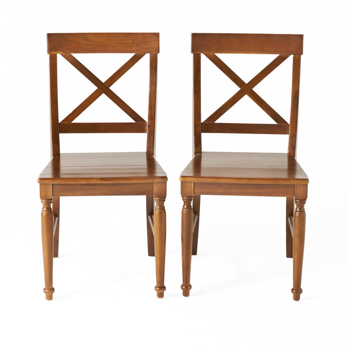 Acacia Wood Dining Chair with X-Shaped Back, Set of 2, Dark Oak