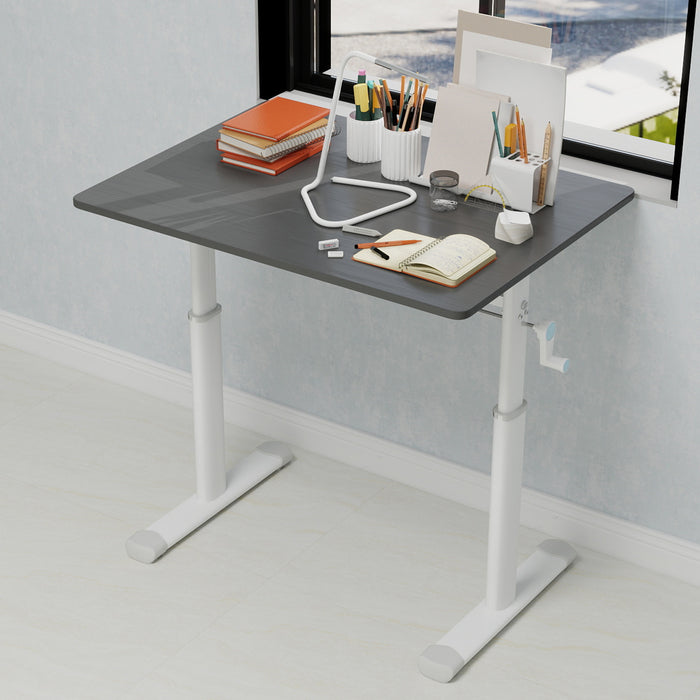 Adjustable study desk suitable for children and adults, height-adjustable, multi-functional home office desk, compact design, desktop dimensions: 60cm × 80cm, white frame, gray tabletop.