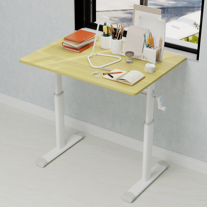 Adjustable study desk suitable for children and adults, height-adjustable, multifunctional home office desk, compact design, desktop dimensions: 60cm × 80cm, white frame with natural wood-colored tabl