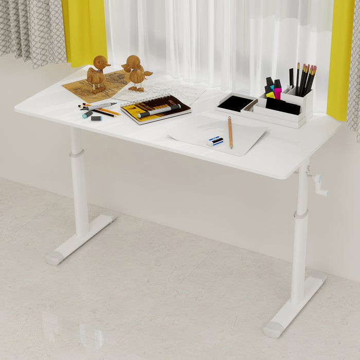 Adjustable study desk suitable for children and adults, height-adjustable, multifunctional home office desk, compact design, desktop dimensions: 60cm × 120cm, white frame, white tabletop.