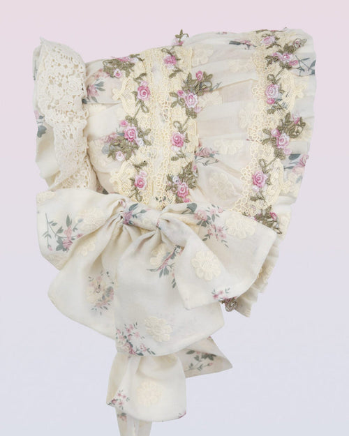"Amelia" Cream Embroidered Floral Bonnet