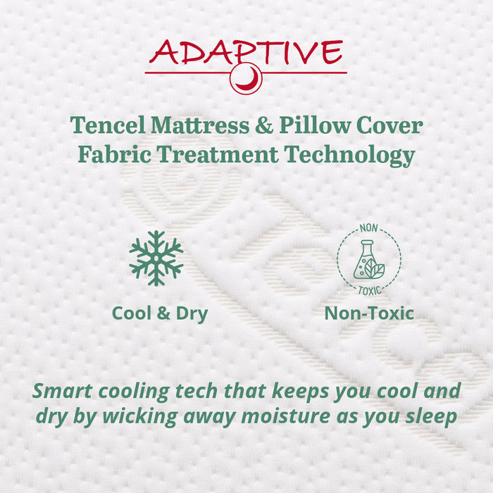 Infographic explaining Adaptive smart cooling technology for Tencel mattress and pillow covers. Features highlighted with icons include 'Cool & Dry' and 'Non-Toxic,' with text explaining it keeps you cool by wicking away moisture as you sleep.