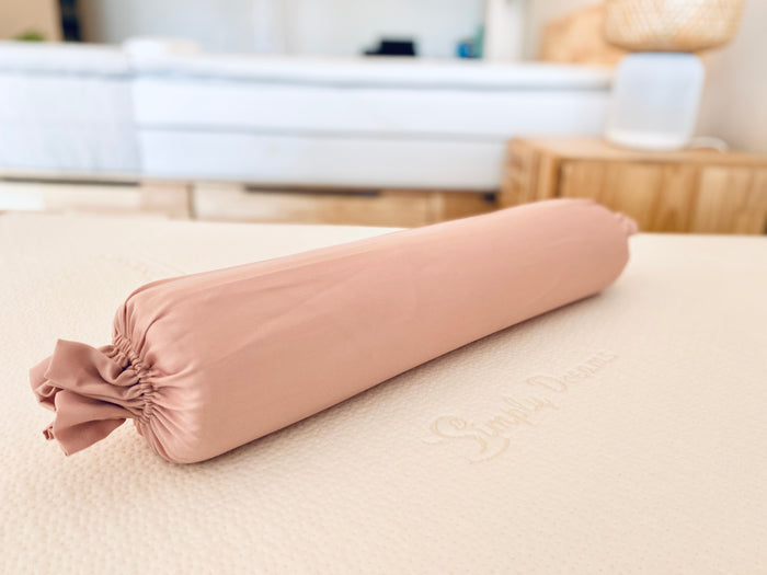 pink organic bamboo lyocell baby bolster case with ruffled ends