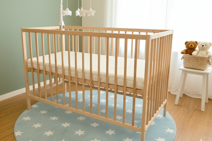 nursery featuring a natural wood crib with a baby mattress