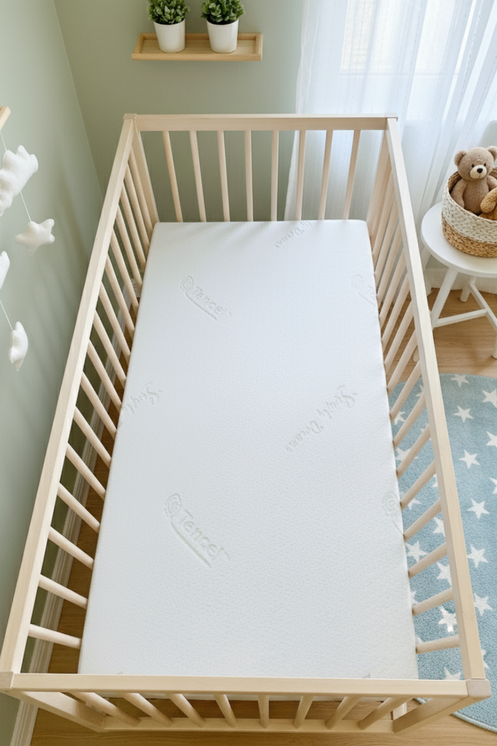 Tencel baby mattress in a natural wood crib