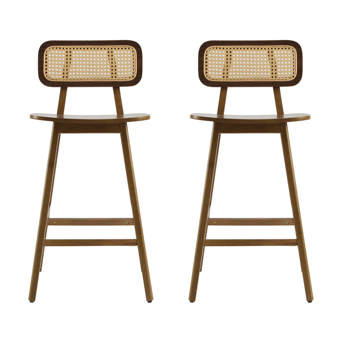 Bari Indoor Wood Barstool Set, Walnut Finish, Rubberwood and Rattan, 18' x 20.75' x 36.25'