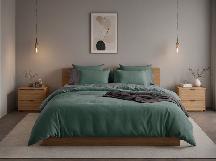 Front view close-up of a modern bed with green duvet and pillows, showing a wooden nightstand with decor next to it.