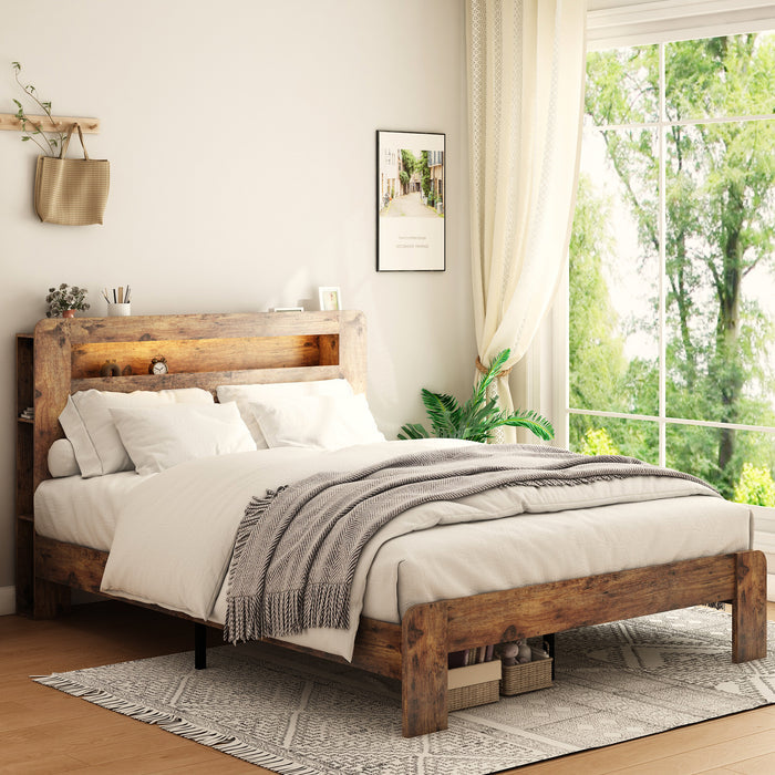 Bed Frame Full Size, Wood Platform Bed Frame with Storage LED Light Headboard and 2 USB , Noise Free,No Box Spring Needed and Easy Assembly Tool,Large Under Bed Storage,Dark Brown