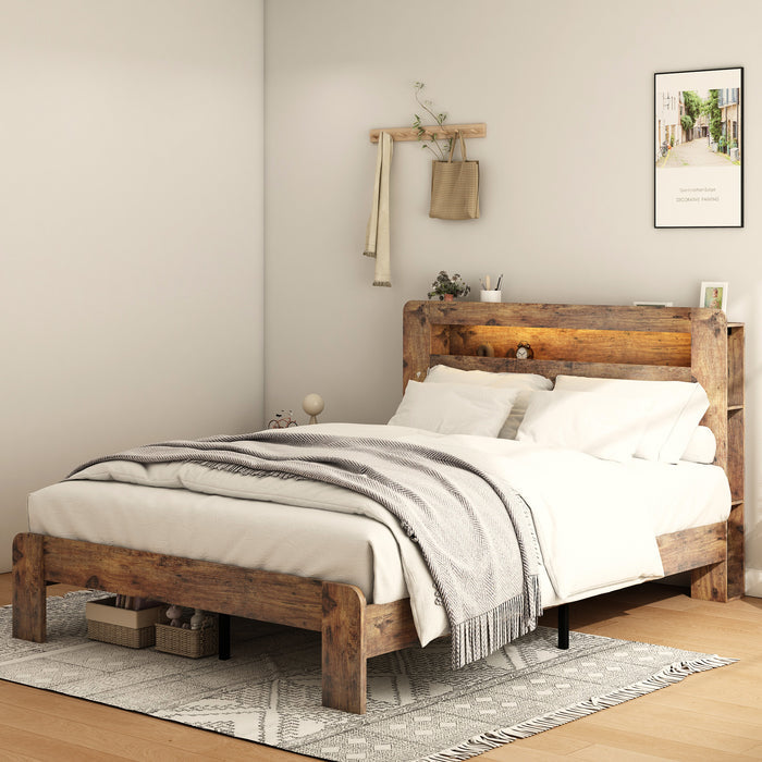 Bed Frame King Size, Wood Platform Bed Frame with Storage LED Light Headboard and 2 USB , Noise Free,No Box Spring Needed and Easy Assembly Tool,Large Under Bed Storage,Dark Brown