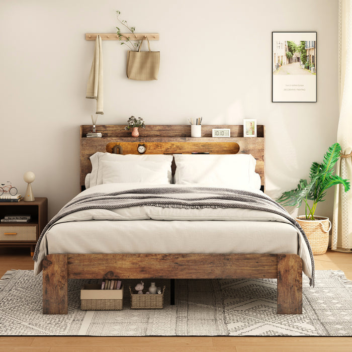Bed Frame Queen Size, Wood Platform Bed Frame with Storage LED Light Headboard and 2 USB , Noise Free,No Box Spring Needed and Easy Assembly Tool,Large Under Bed Storage,Dark Brown