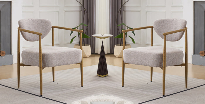 Beige fabric color dining room chair, living room chair, bedroom chair 2sets, woven fabric cover with foam inside back and seat,metal frame with water transfer pringting, wood grain visual