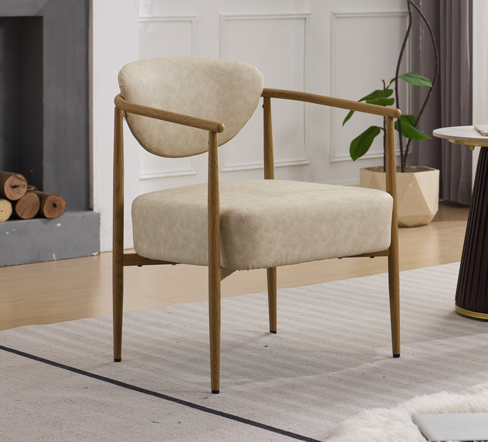Beige PU color dining room chair, living room chair, bedroom chair, PU with foam back and seat,soft and comfortable seating, metal frame with water transfer pringting, wood grain visual