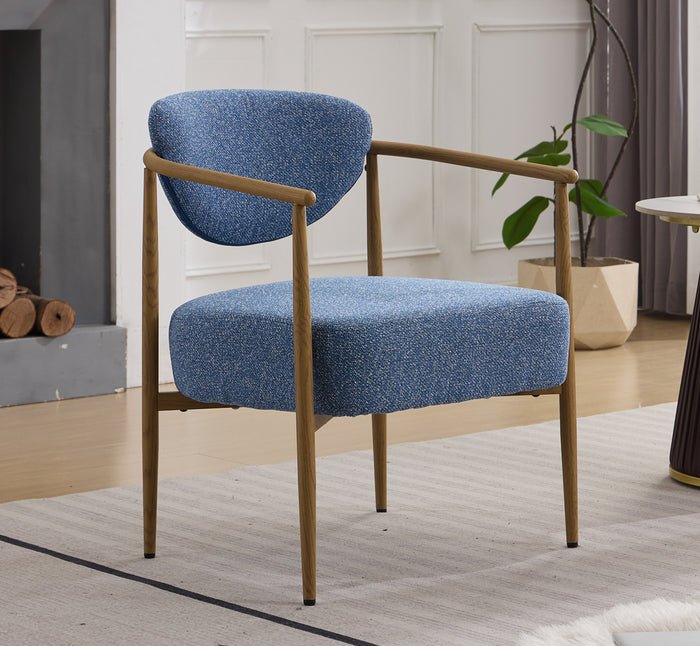 Blue fabric cover,dining room chair, living room chair, bedroom chair, woven fabric with foam back and seat,soft and comfortable seating, metal frame with water transfer pringting, wood grain visual
