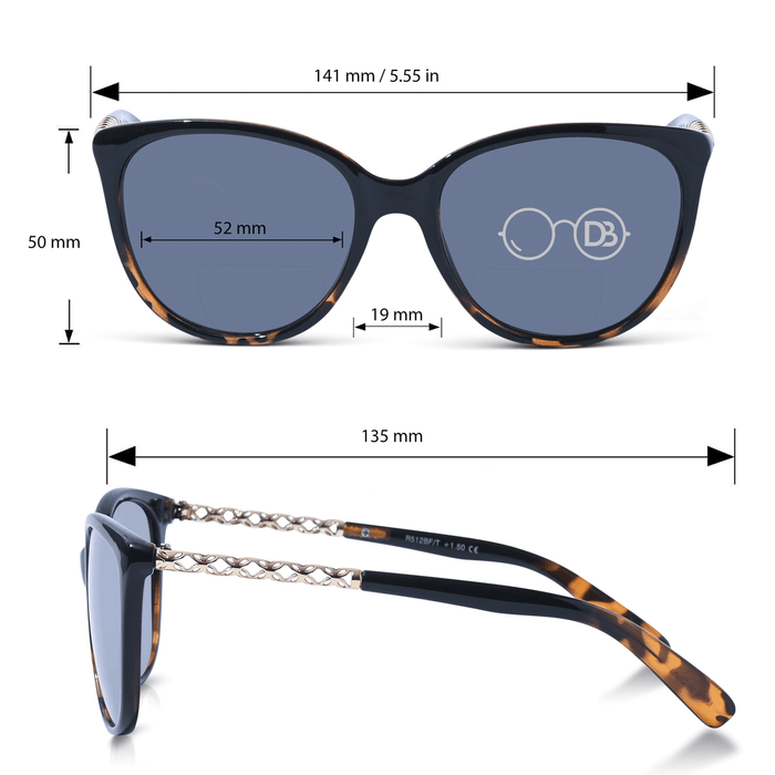 DebSpecs Cat Eye Reader Bifocal Sunglasses oc 512bf Tortoise with Gold Arms infographic