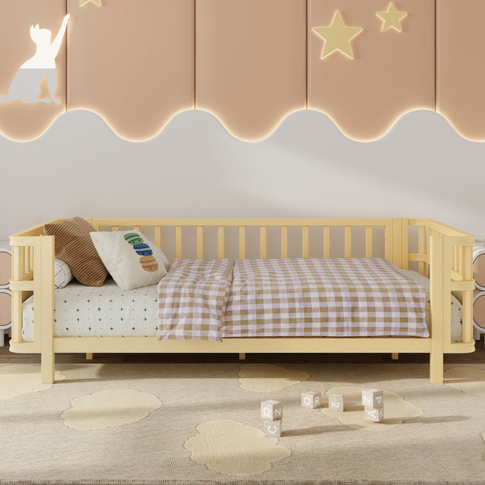 Children's double wooden platform bed with railings, a low iron double bed with railings, suitable for girls and boys, (Twin,Natural)
