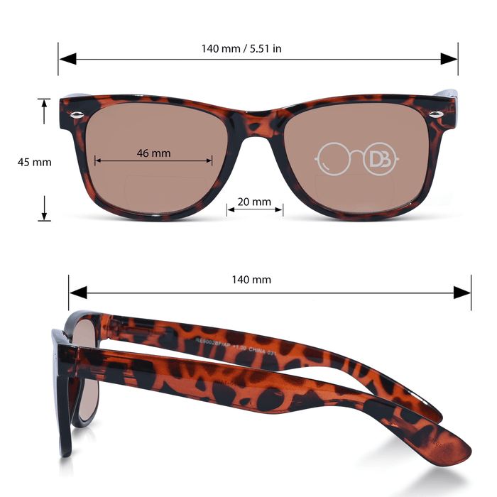 DebSpecs Classic Bifocal Sunglasses Readers pa9002 bfap Tortoise Amber lens infographic