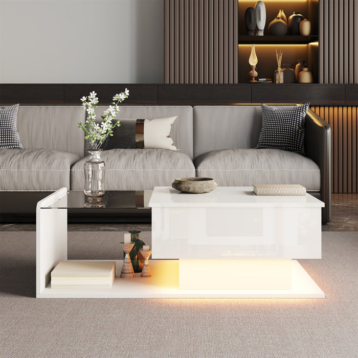Coffee table, high-gloss white, side table, coffee table with glass and LED effect, with glass top