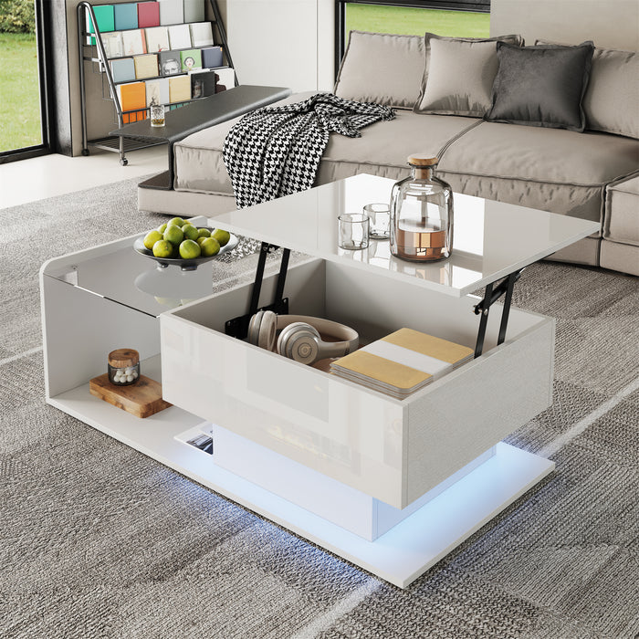 Coffee table, high-gloss white, side table, coffee table with glass and LED effect, with glass top