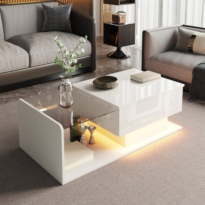 Coffee table, high-gloss white, side table, coffee table with glass and LED effect, with glass top