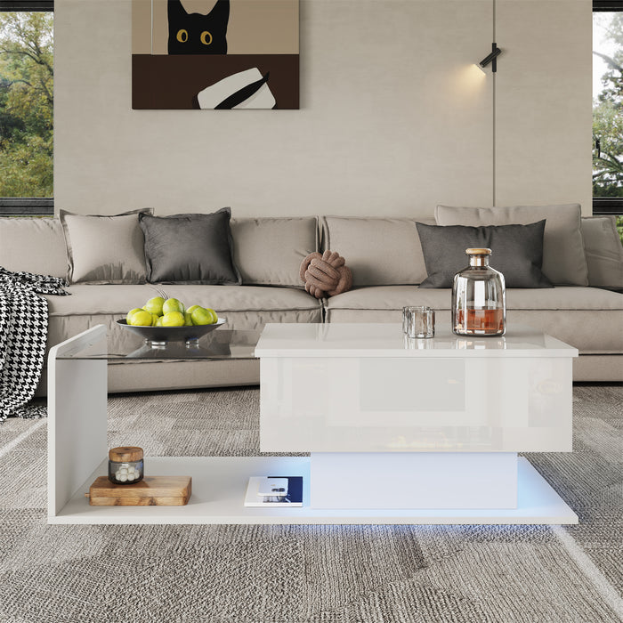 Coffee table, high-gloss white, side table, coffee table with glass and LED effect, with glass top