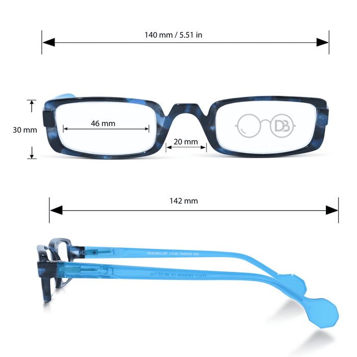 DebSpecs Half Eye Colorful Reading Glasses pa3339clsp Black Blue arms infographic