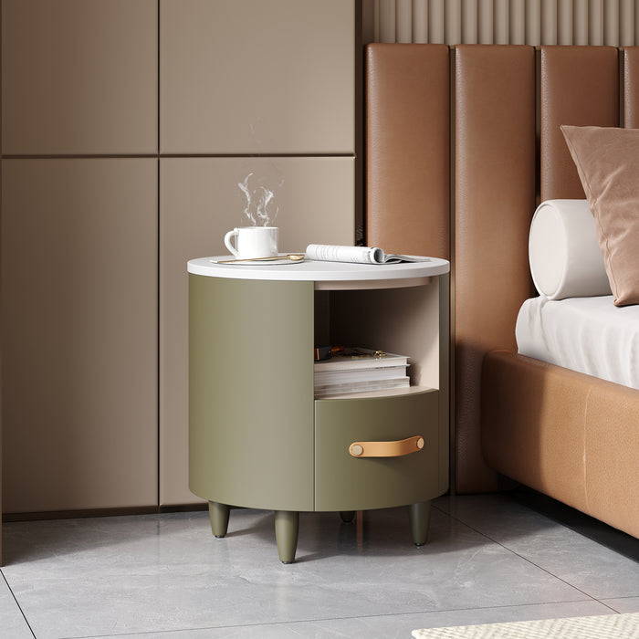 Contemporary & Modern Round Nightstand with Storage Drawer, Sofa End Table with Open Storage Shelf, Bedside Table with Curved Design for Living Room & Bedroom, Easy Assembly, Green