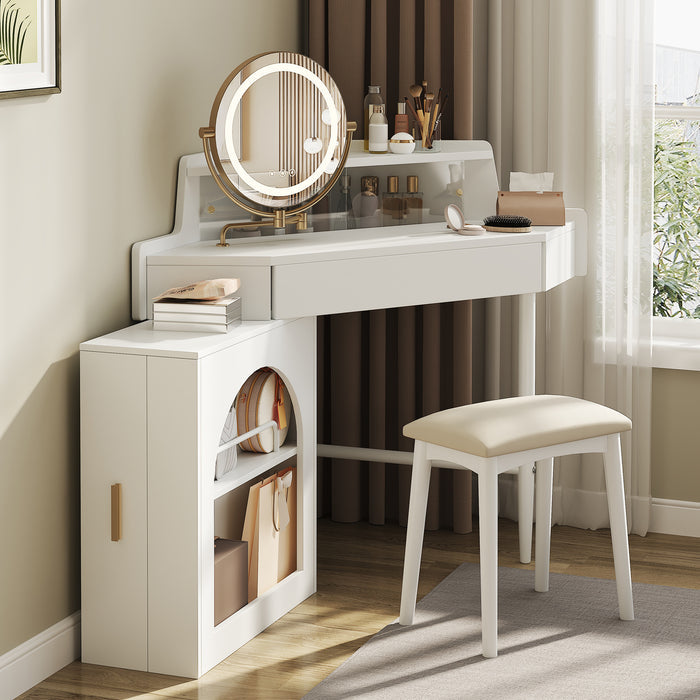 Corner Makeup Vanity Desk With Mirror & LED Lights, Modern Vanity Set With Mirror And Stool, Dressing Table With Large Storage For Small Place, Brightness Adjustable Folding Mirror, White
