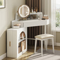 Corner Makeup Vanity Desk With Mirror & LED Lights, Modern Vanity Set With Mirror And Stool, Dressing Table With Large Storage For Small Place, Brightness Adjustable Folding Mirror, White