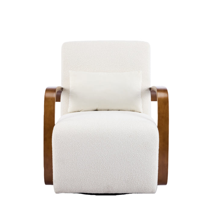 Cream Upholstered 360° Swivel Accent Chair – Mid-Century Modern Design, Solid Wood Curved Arms, Linen Blend Fabric, Beige Color, 31.8 x 26.77 x 34.25 inches