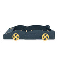 Dark Blue+Yellow Race Car-Shaped Full Size Platform Bed with Wheels and Storage, Pine Wood+MDF