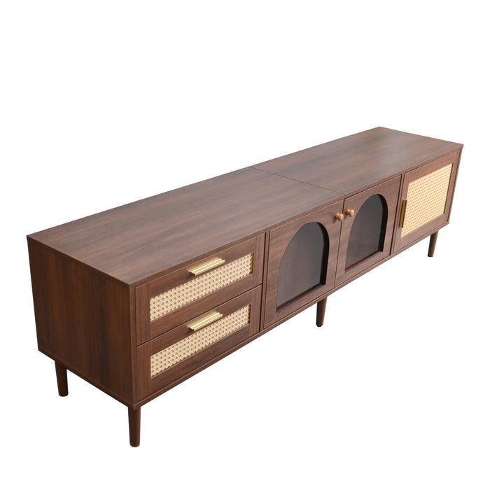 Dark Brown Rattan-inspired TV Stand with 3 Cabinets & 2 Drawers, LED Light Media Console for TVs up to 80'', MDF & Solid Wood Construction