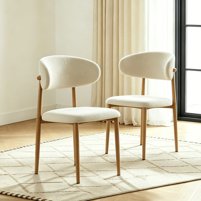 Dining chair 2-piece set. Medieval modern farmhouse soft cushioned linen dining chairs in natural wood color with metal legs