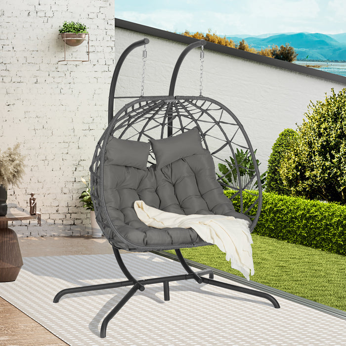 Double Egg Chair with Stand Hanging Indoor Outdoor Wicker Rattan Patio Basket Egg Swing Chair Hammock Egg Chairs with UV Resistant Cushions 600 lbs for Bedroom Balcony Patio
