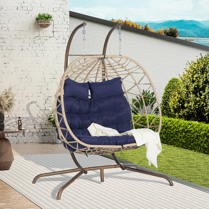 Double Egg Chair with Stand Hanging Indoor Outdoor Wicker Rattan Patio Basket Egg Swing Chair Hammock Egg Chairs with UV Resistant Cushions 600 lbs for Bedroom Balcony Patio