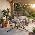 Double Hanging Egg Chair wth Stand, Patio Hammock Swing Chair with Cushion Loveseat for Bedroom, Balcony, Garden, Indoor, Outdoor,(Grey)