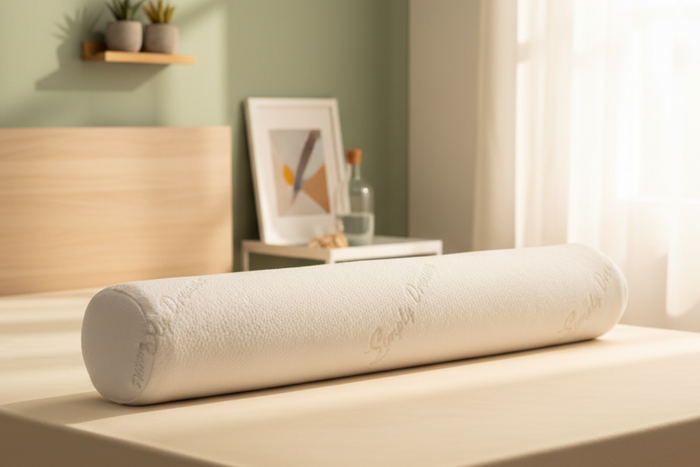 white natural latex bolster pillow resting on a bed