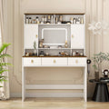 Farmhouse Dressing Table Makeup Table, 43' Wide Dressing Table with Lighted Mirror and Makeup Drawer, Large Modern Dressing Table Set with Hair Dryer Holder for Bedroom, White