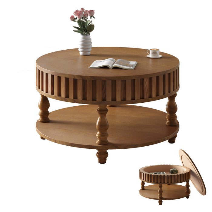 Farmhouse Fluted Coffee Table with Storage and Flip-Top Lids, Rustic Brown Center Table for Living Room with Spacious Hidden Storage, Sturdy Durable Solid Wood Legs