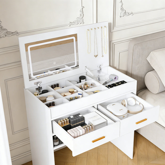 Flip Top Vanity Desk with LED Lighted Mirror & Built-in Outlet - Makeup Vanity Table with 2 Drawers, Open Storage, Hooks for Jewelry (No Stool Included, White)