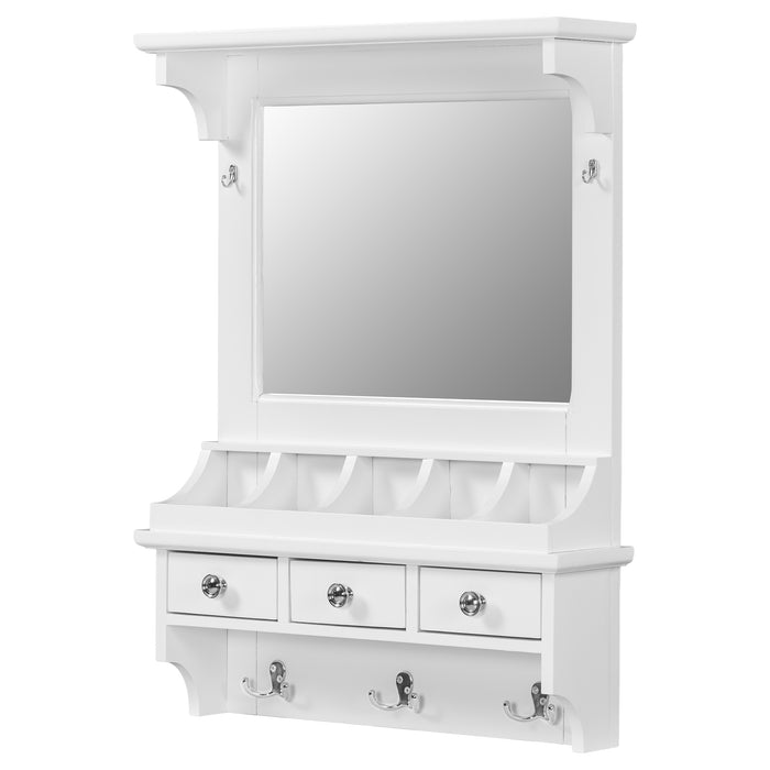 Floating Makeup Vanity with Big Mirror, Wall-Mounted Storage Vanity with Drawers, Pockets & Hooks, Space-Saving Decorative Home Organizer, White, Engineered Wood, 23.8 x 6.1 x 31.8 inches
