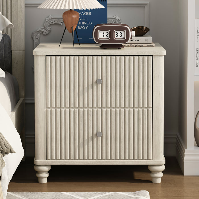 Fluted Nightstand, 21.65' Wide Side Table with 3 Drawers, Mid Century Modern Wood NightStand with Metal Handle, Wooden Bedside End Table for Bedroom, Living Room, Closet, Beige